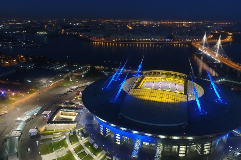 Stadium Zenith Arena at Night. Illuminated by Multi-Colored Lights the Stadium at Night.